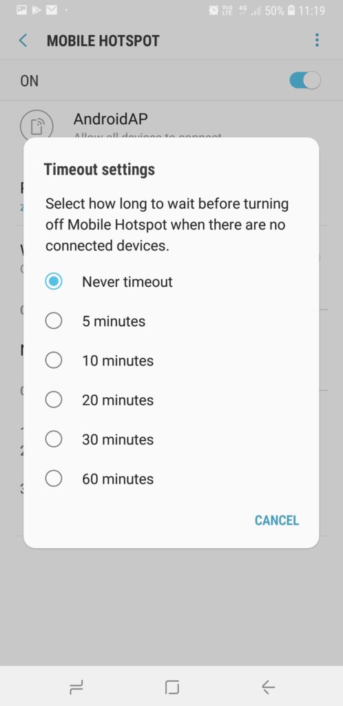Mobile Hotspot Timeout Duration